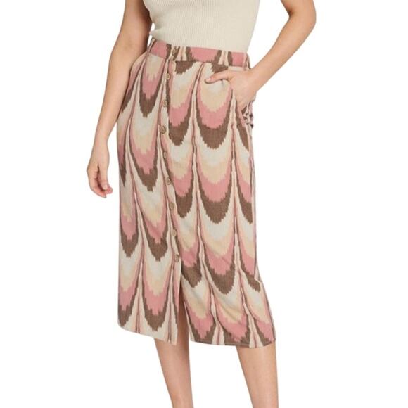 NWT Faherty Pink and Brown Buttoned Patterned Midi Skirt - Picture 7 of 8